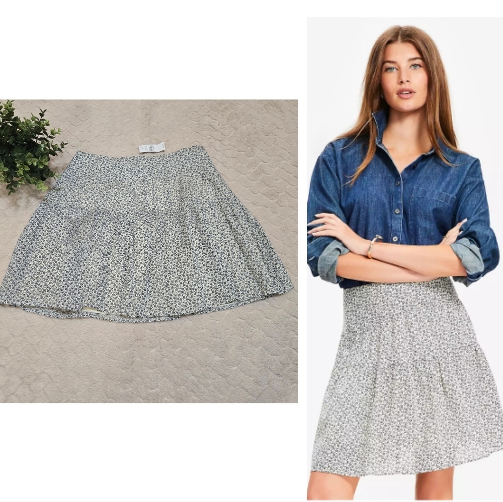 LOFT Blue & Cream Garden Party Ruffle Garden Ruffle Tiered Cotton Skirt, Size 2